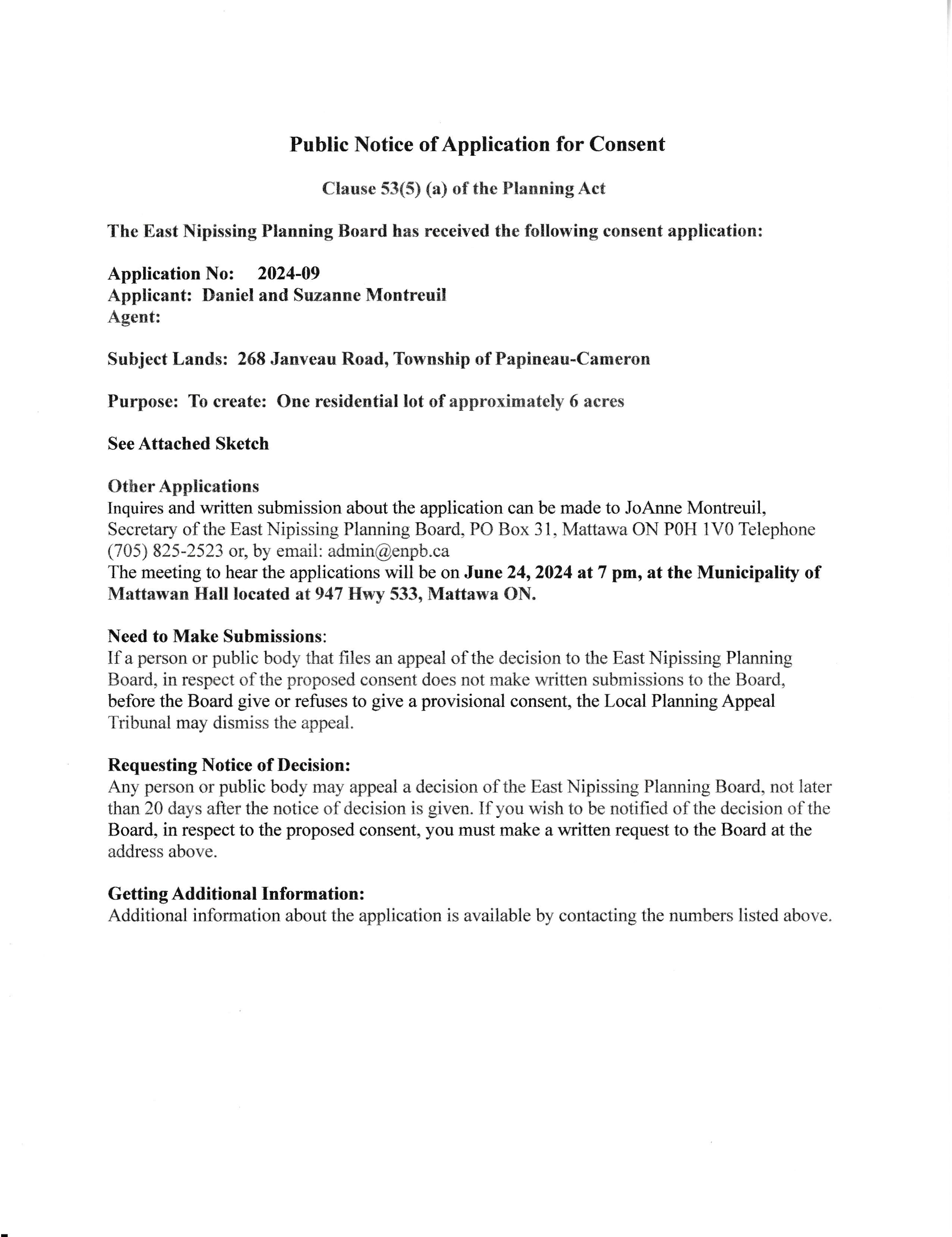 Public Notices of Application for Consent – Papineau Cameron Township